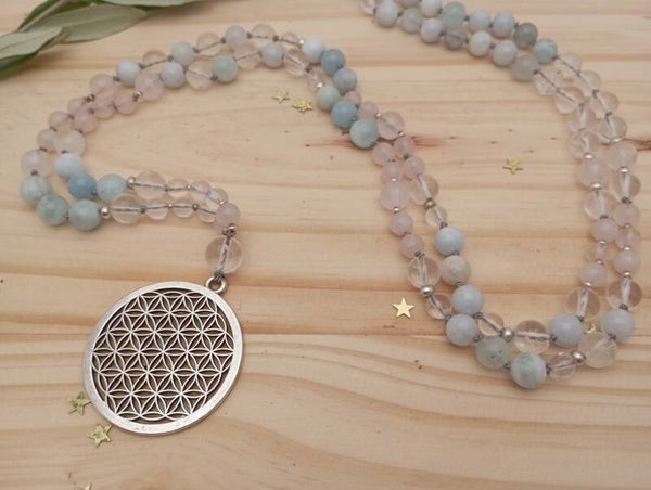 🌿Collier long en  Aigue marine ,Quartz rose et Cristal de Roche: Amour-douceur et sérénité🌿