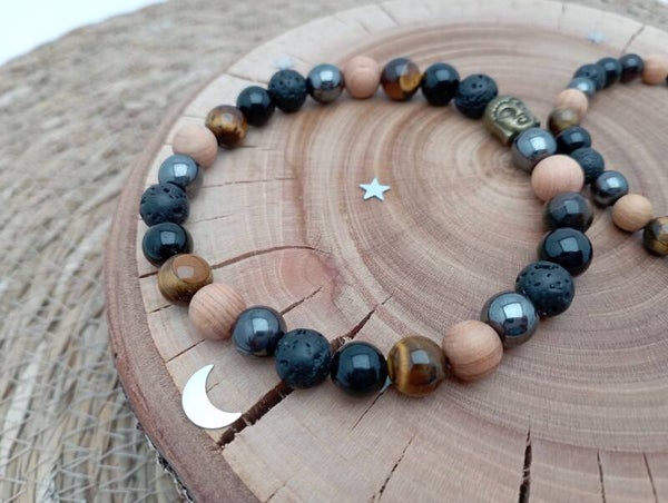 Bracelet PROTECTION et ANCRAGE. Tourmaline, œil de tigre, lave, bois et hématite. Bijou en Pierres Naturelles pour la famille