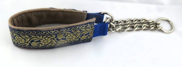 Lederhalsband mit blau-goldener Jacquardborte