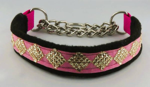 Fleece-Halsband mit rosa-goldener Pailletten-Borte