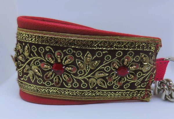 Lederhalsband rot mit Paillettenborte