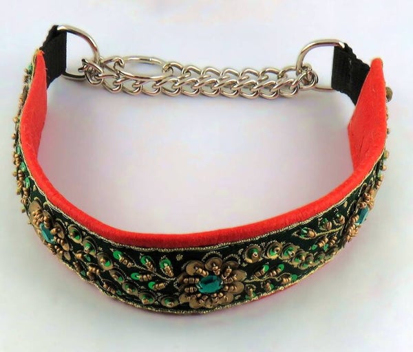 Lederhalsband orange mit Paillettenborte
