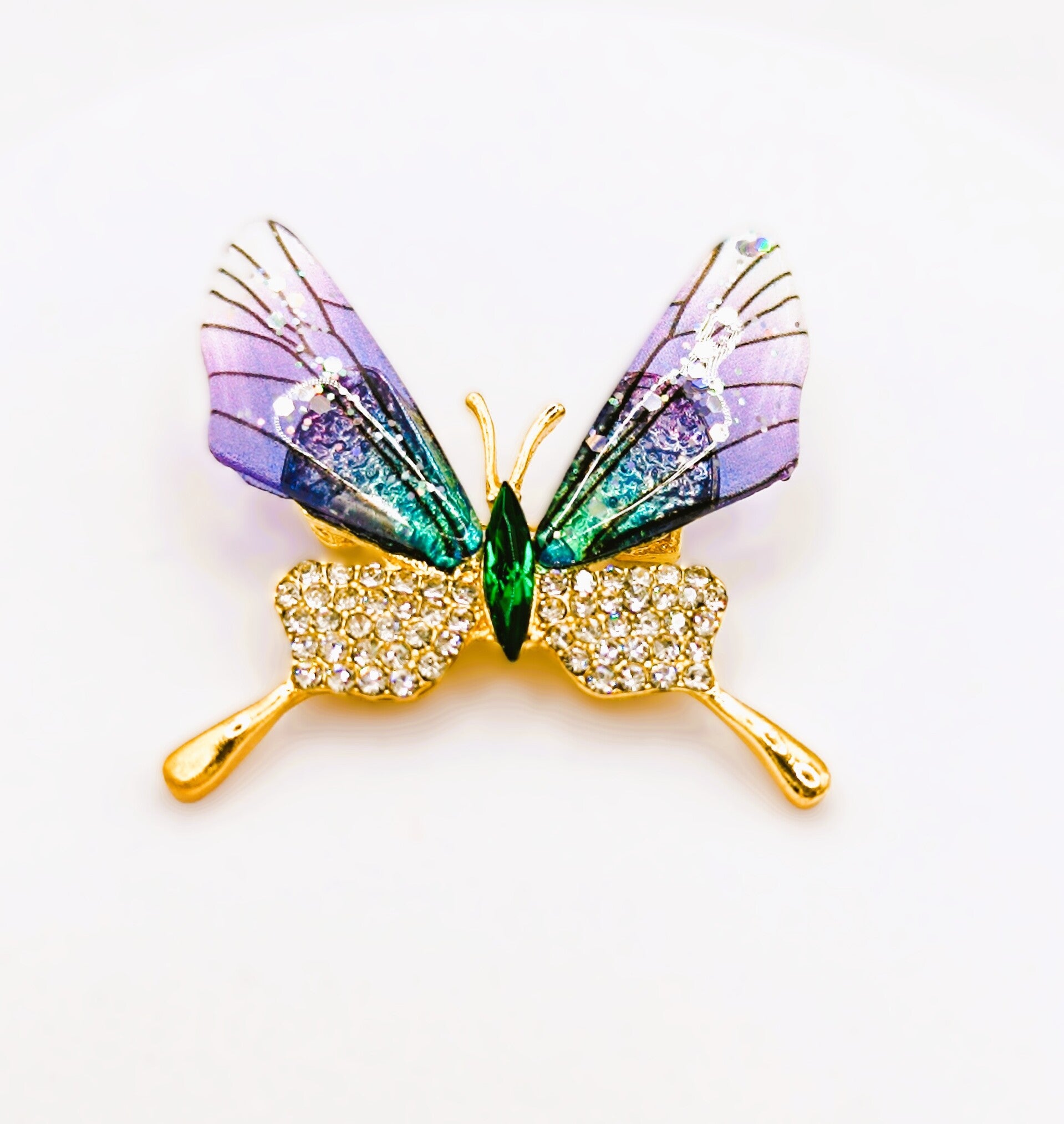 Schmetterlingsbrosche golden mit  blauen und grünen Flügeln