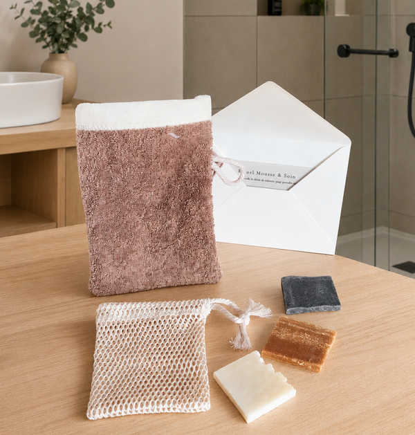 Coffret Découverte Rituel Mousse & Soin – Gant de soin double texture, filet à savon et savons bio