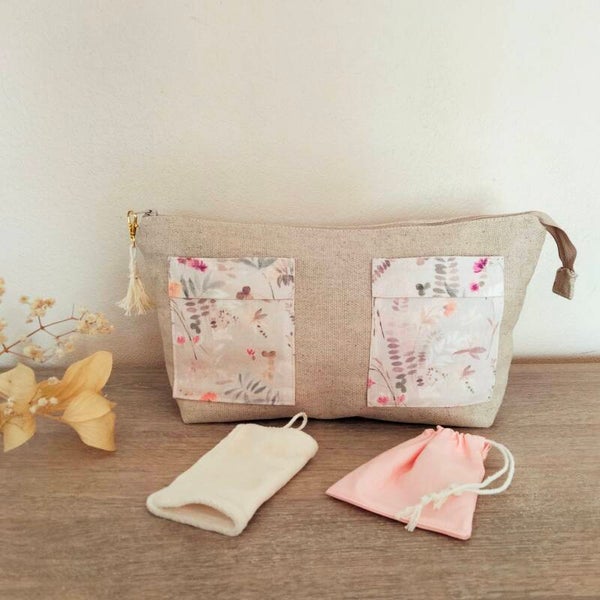 Trousse de toilette en toile de coton avec lingette visage