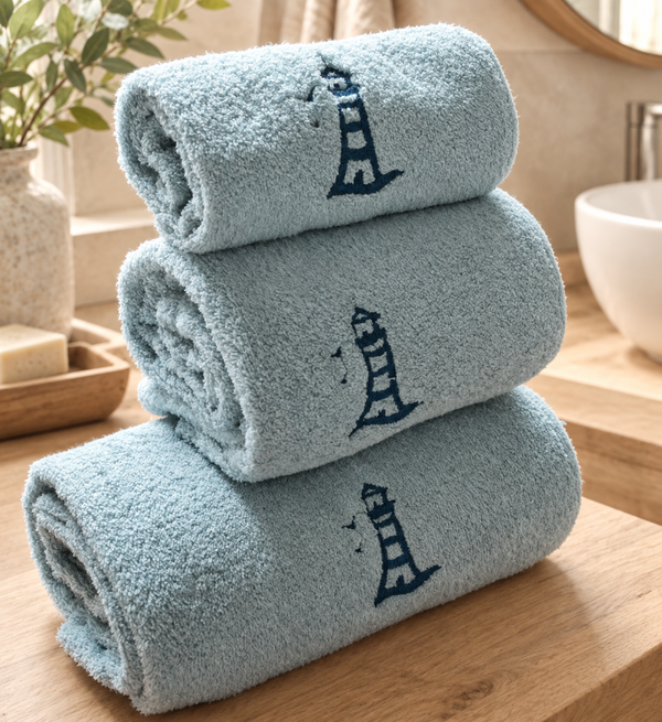 Linge de bain artisanal brodé en coton bio "Au fil des vagues" - Différents modèles dès