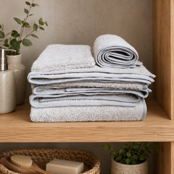 Linge de bain artisanal coton bio 500 g/m² – gant, serviettes et drap de bain personnalisable