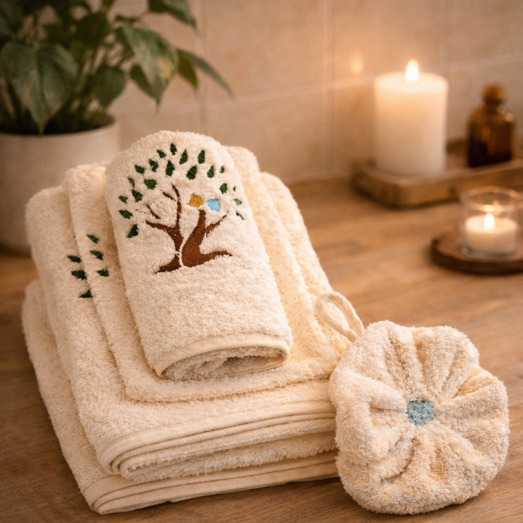 Parure de bain artisanale brodée en coton bio – Mes Racines | Parure signature