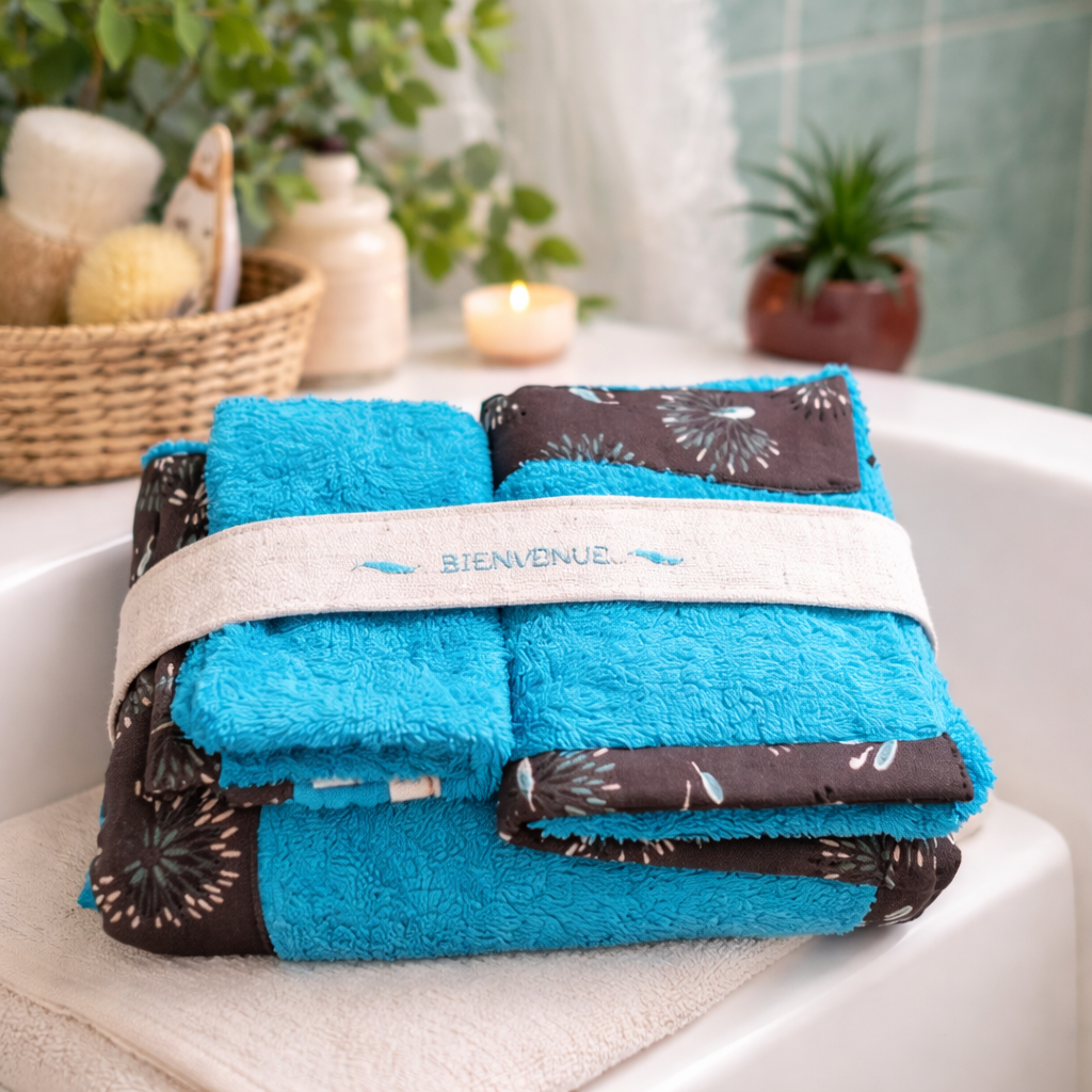 Parure de bain invités artisanale en coton – Lagune | Pièce unique