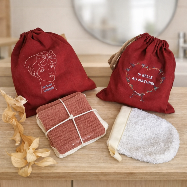 Set démaquillant routine visage à message brodé en coton