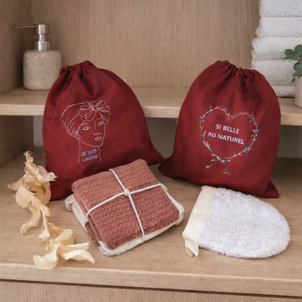 Set démaquillant routine visage à message brodé en coton - 2 modèles