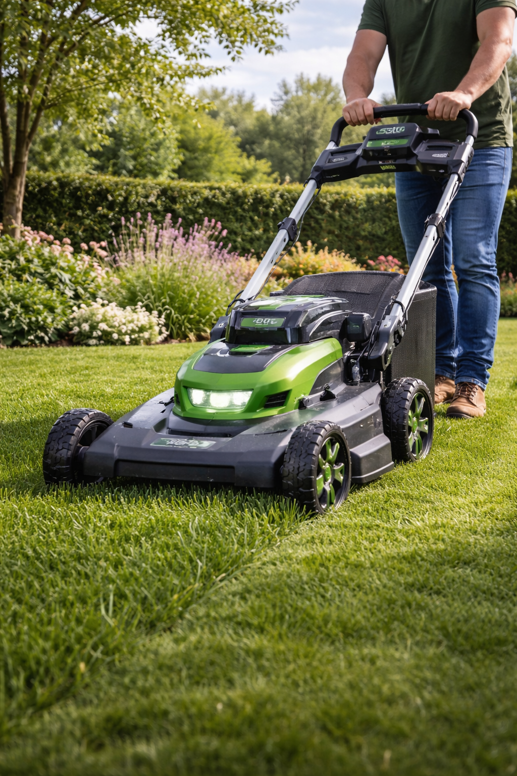 Battery powered lawn mower on a summer garden