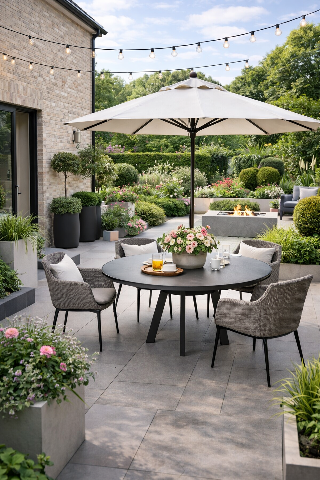 A table and chairs sat on a pristine patio