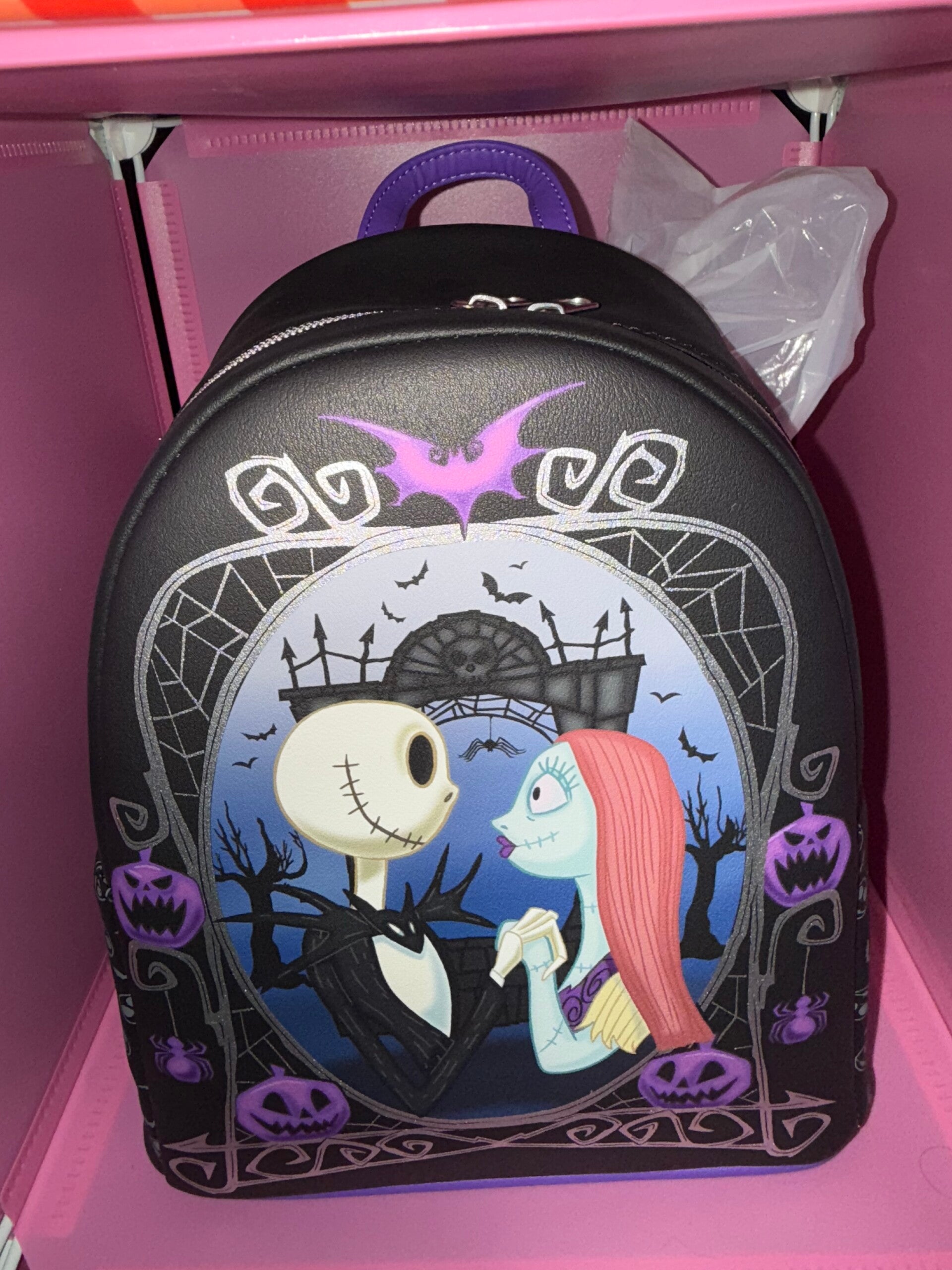 JACK AND SALLY IN PUMPKIN FRAME MINI BACKPACK LOUNGEFLY