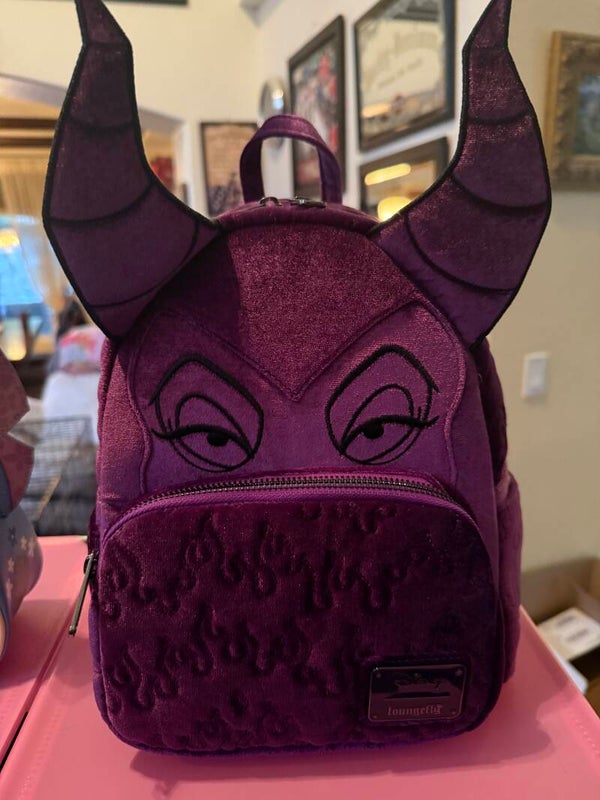 Loungefly Disney Sleeping Beauty Purple Velvet Maleficent Figural Mini Backpack.