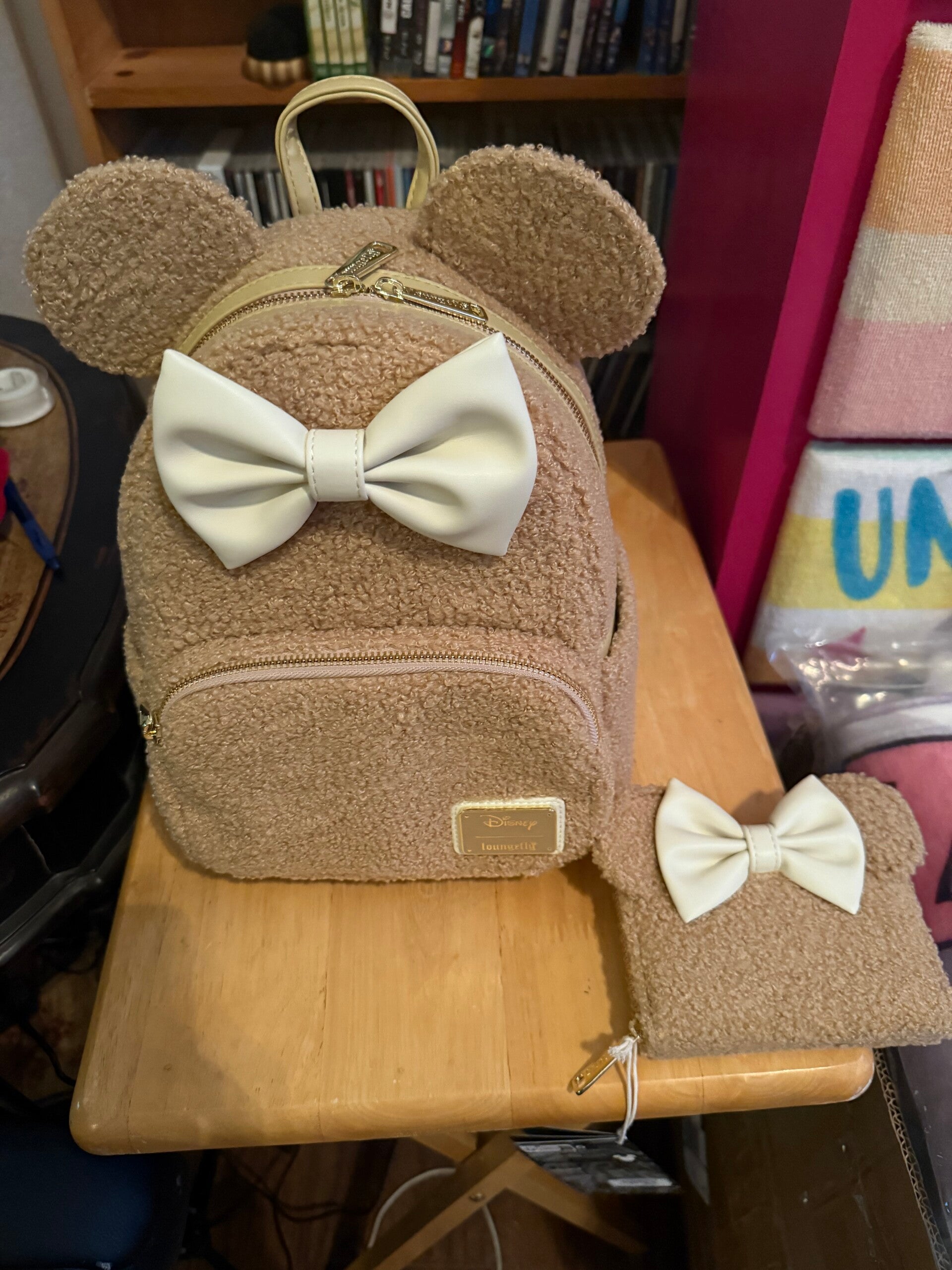 Loungefly Disney Minnie Mouse Sherpa Mini Backpack  and wallet