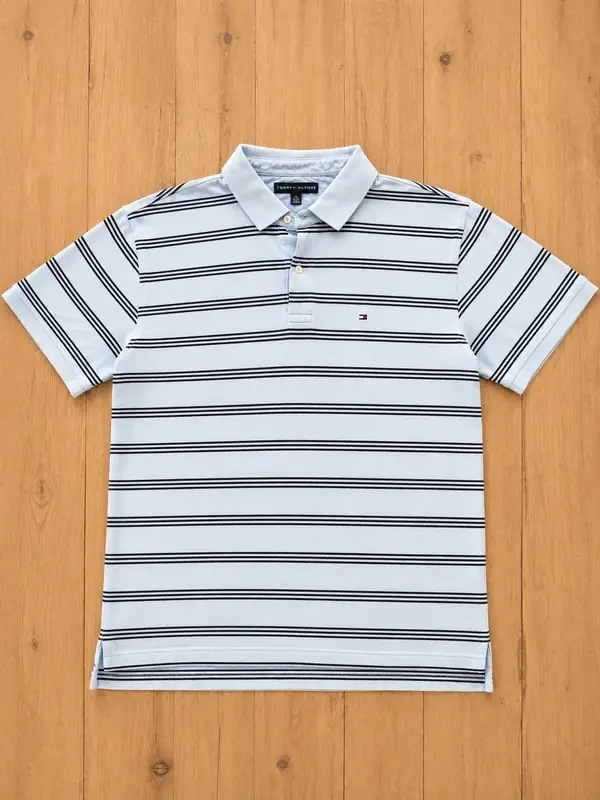 Polo Tommy Hilfiger rayé bleu clair taille XL – Très bon état