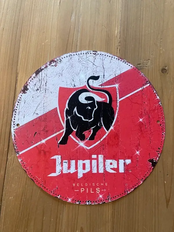 Plaque métal vintage Jupiter Belgique – Taureau noir – Ø 20 cm – Décoration murale