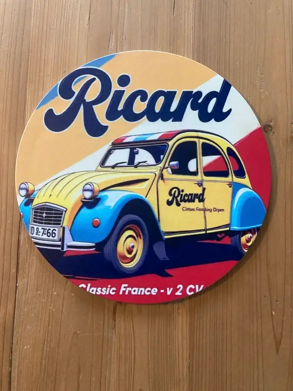Plaque métal Ricard Citroën 2CV vintage – Décoration murale rétro – Ø 20 cm