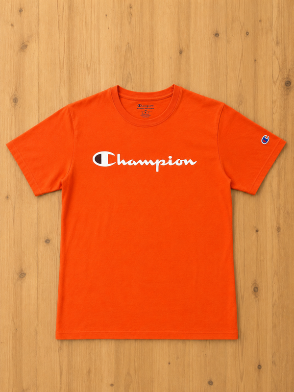 T-shirt Champion orange logo script blanc – Taille M