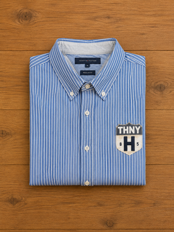 Chemise Tommy Hilfiger rayée bleue & blanche Custom Fit XL – écusson THNY