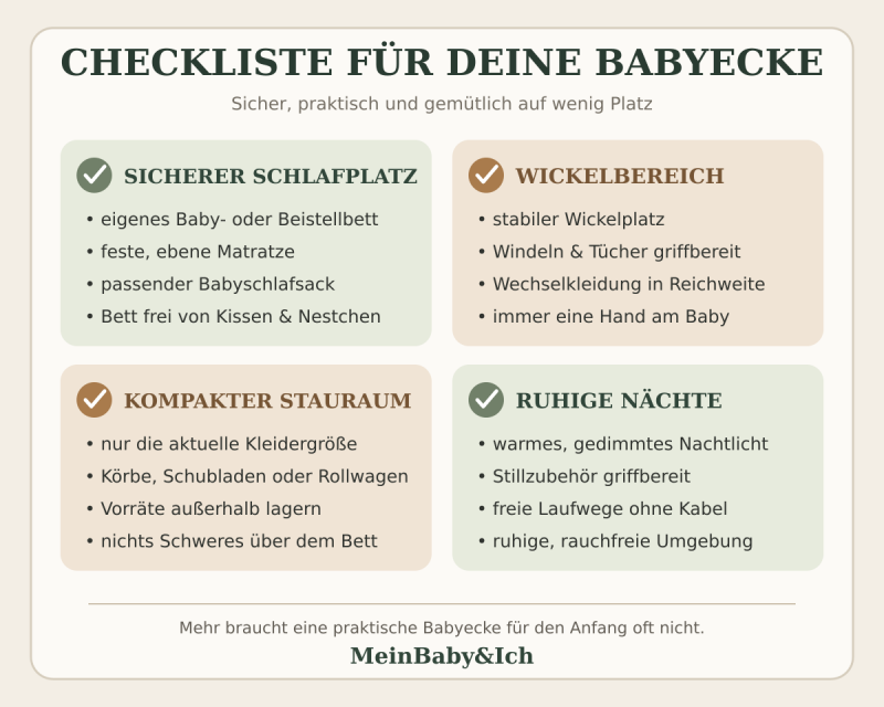 Checkliste für eine praktische Babyecke mit sicherem Schlafplatz, Wickelbereich, kompaktem Stauraum und Ausstattung für ruhige Nächte.