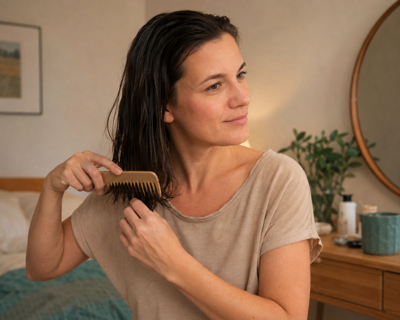 Mama kämmt am Abend vorsichtig ihre noch feuchten Haare