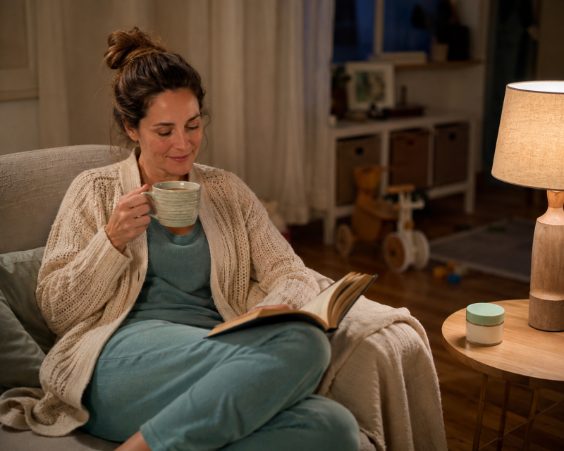 Mama genießt am Abend mit Tee und einem Buch einen kleinen Moment für sich