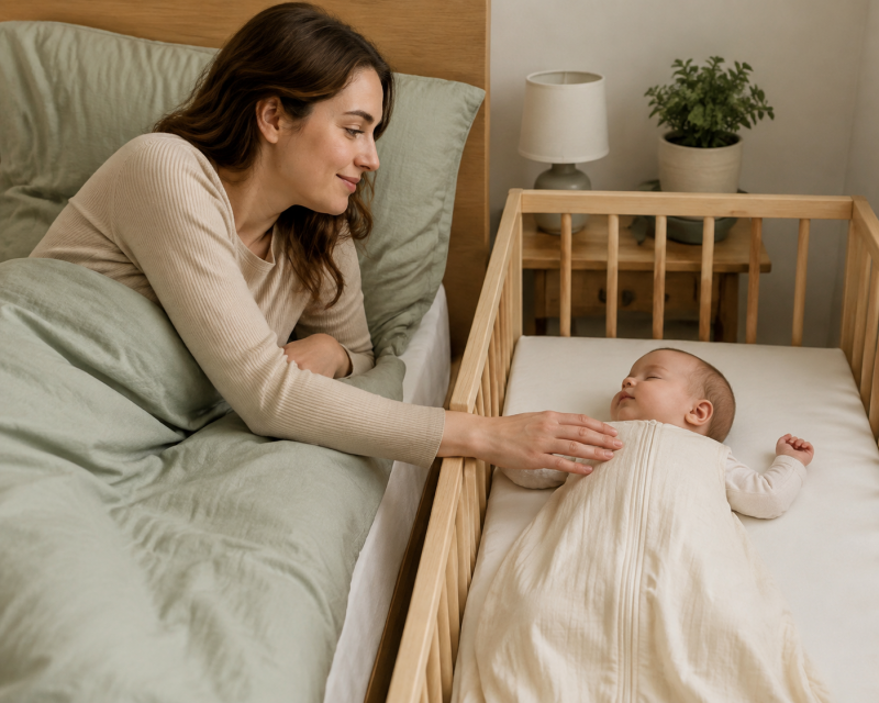 Baby schläft im eigenen Bettchen direkt neben dem Elternbett, während seine Mama nach ihm sieht.