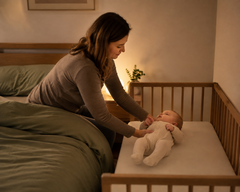 Mama legt ihr Baby nachts bei gedimmtem Licht zurück in das eigene Bettchen neben dem Elternbett.