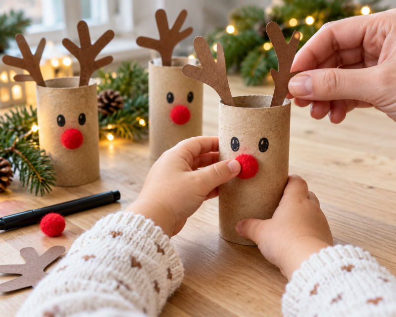 Kind bastelt mit Unterstützung ein Weihnachtsrentier aus einer braunen Papprolle mit Papier Geweih und roter Nase.