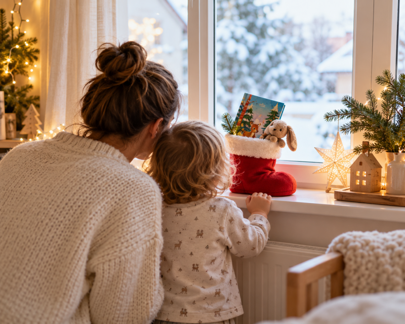 Mutter und Kleinkind entdecken am winterlichen Fenster einen gefüllten Nikolausstiefel mit Bilderbuch und Kuscheltier.