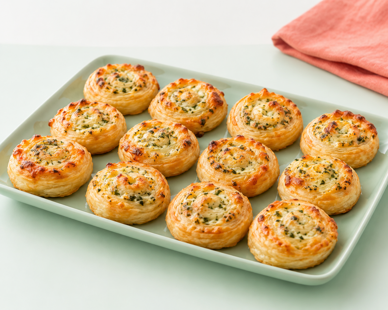 Goldbraune Mini-Käseschnecken mit Kräutern auf einer hellen mintfarbenen Servierplatte – schnelles Fingerfood für den Kindergeburtstag.