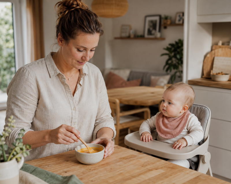Mama bereitet den ersten Babybrei für einen entspannten Beikoststart vor