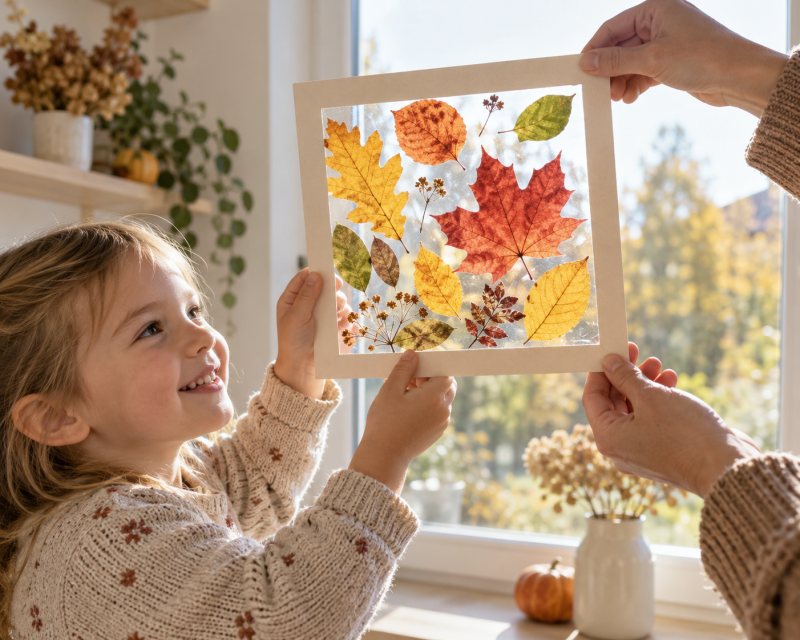 Kind hält leuchtendes Herbstfensterbild aus bunten Blättern