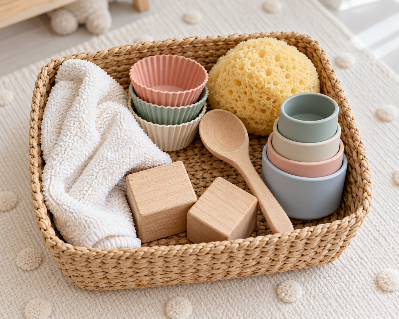 Selbstgemachte Fühlbox für Kleinkinder mit Waschlappen, großen Silikonförmchen, Schwamm, Holzlöffel, Bausteinen und Stapelbechern.
