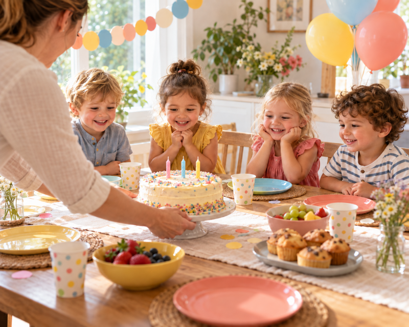 Vier kleine Kinder freuen sich auf den Geburtstagskuchen, den eine Mutter auf den festlich gedeckten Tisch stellt.