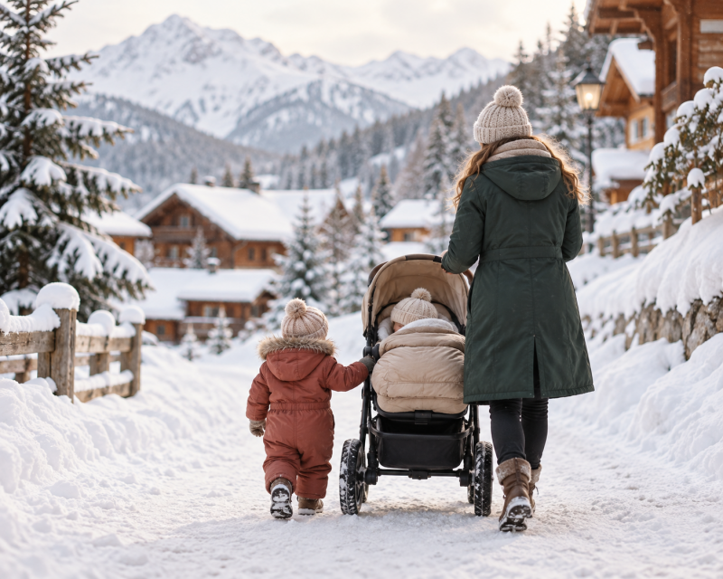 Winterurlaub mit Baby und Kleinkind: Mutter mit Kinderwagen und Kleinkind auf einem verschneiten Weg im Bergdorf.
