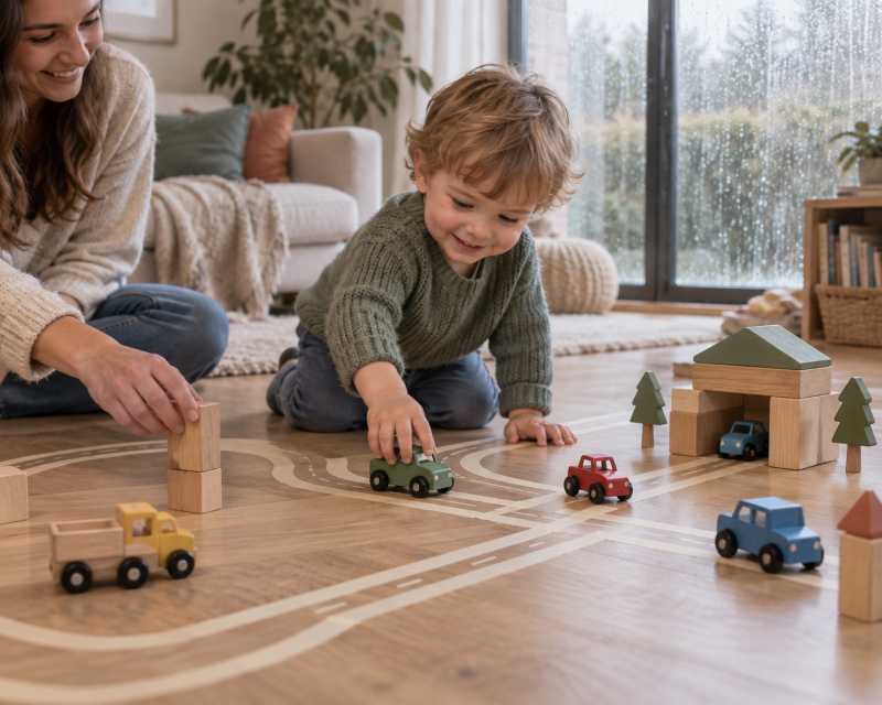 Kleinkind spielt mit Autos auf einer Straße aus Malerkrepp