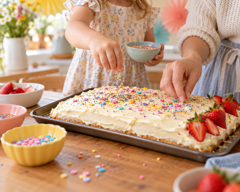 Ein Kind und eine Mutter verzieren gemeinsam einen einfachen Blechkuchen mit bunten Streuseln und Erdbeeren.