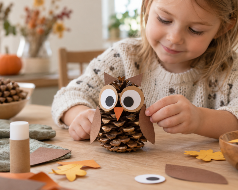 Kind bastelt eine Eule aus Tannenzapfen und Papier