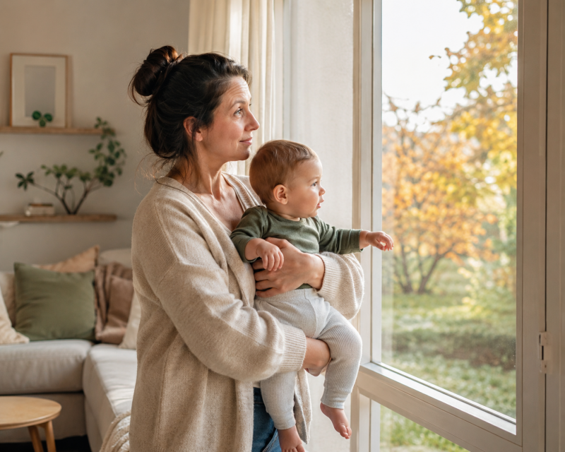 Mama und Baby nutzen morgens das Tageslicht zur Anpassung an die Zeitumstellung
