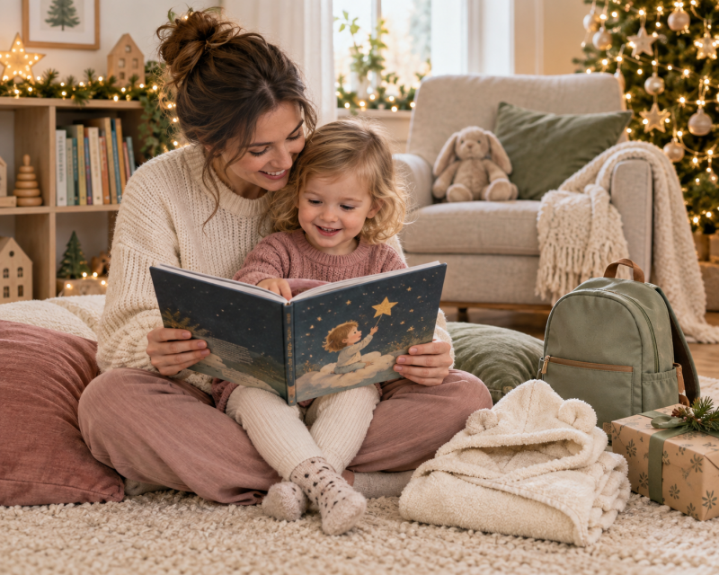 Mutter und Kleinkind lesen gemeinsam ein Kinderbuch neben einem Kinderrucksack und einem weichen Badeponcho als Weihnachtsgeschenke.