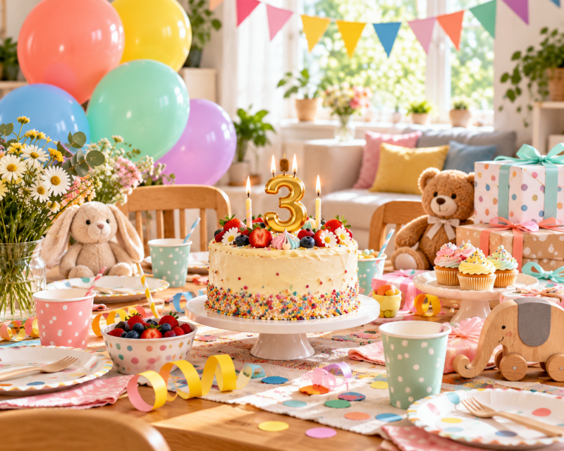 Fröhlich gedeckter Kindertisch mit Geburtstagskuchen, drei Kerzen, Luftballons und buntem Partygeschirr.