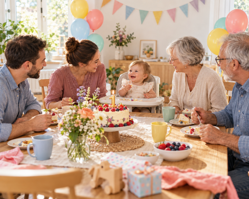 Kleine Familienfeier zum ersten Geburtstag mit Baby im Hochstuhl, Eltern und Großeltern an einem bunt dekorierten Tisch mit Geburtstagstorte.