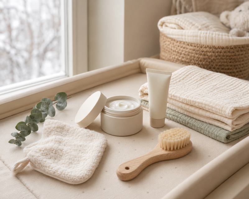 Wenige sanfte Pflegeprodukte für empfindliche Babyhaut im Winter mit Creme, Waschlappen und Babybürste