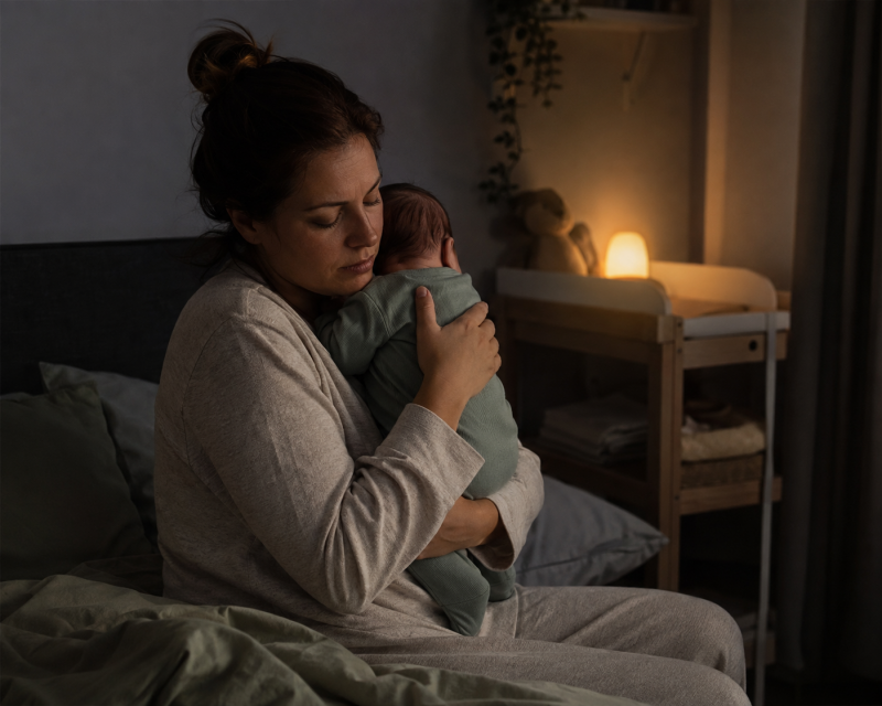 Mutter hält ihr schläfriges Baby nachts bei einem kleinen Nachtlicht im Arm
