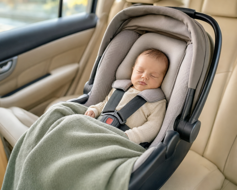 Mutter bei einem Winterspaziergang mit warm eingepacktem Baby im Kinderwagen