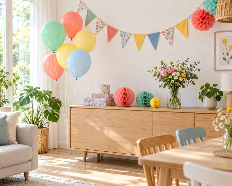 Helles Wohnzimmer mit bunten Luftballons, Wimpelkette und einfacher Kindergeburtstagsdeko.