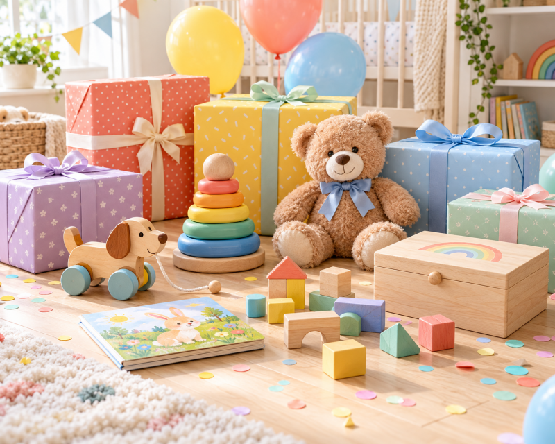 Farbenfrohe Geschenkideen zum ersten Geburtstag mit Holzspielzeug, Stapelturm, Nachziehtier, Teddy, Bilderbuch und Erinnerungsbox.